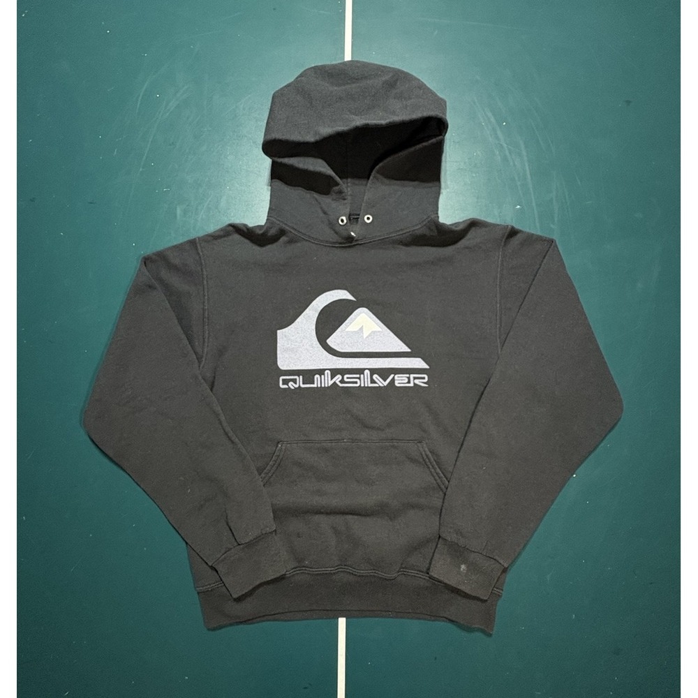 Y2K Quiksilver Logo Pullover Hoodie Sweatshirt Black Gray Small Surf Skater